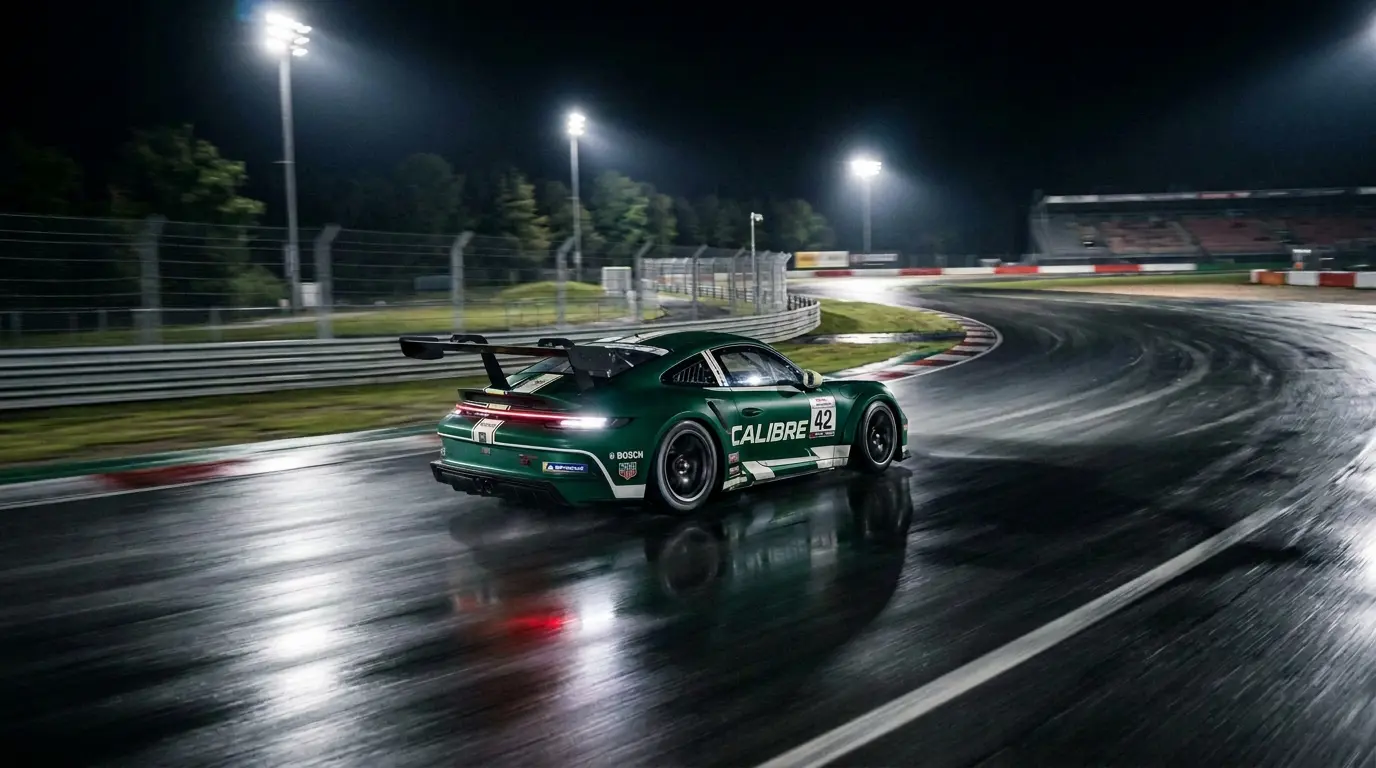 Calibre Simsport GT3 car in dark green and white livery on a wet track at night